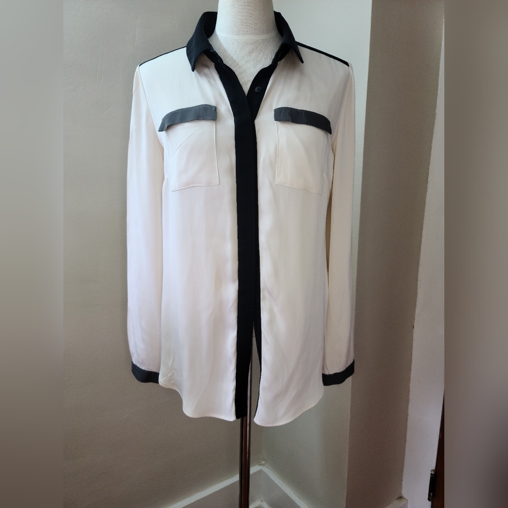 Milly Silk Blouse white contrast trim black gray size 6